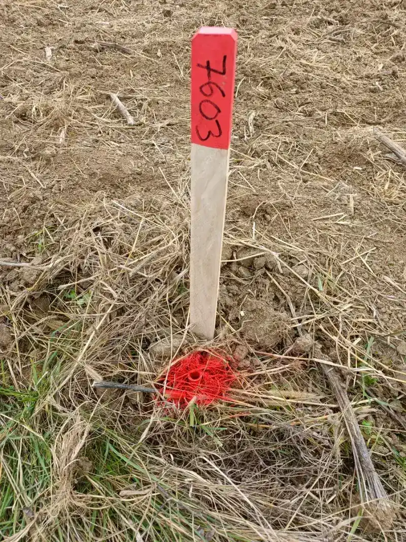 Markierter Grenzpunkt im Ackerland